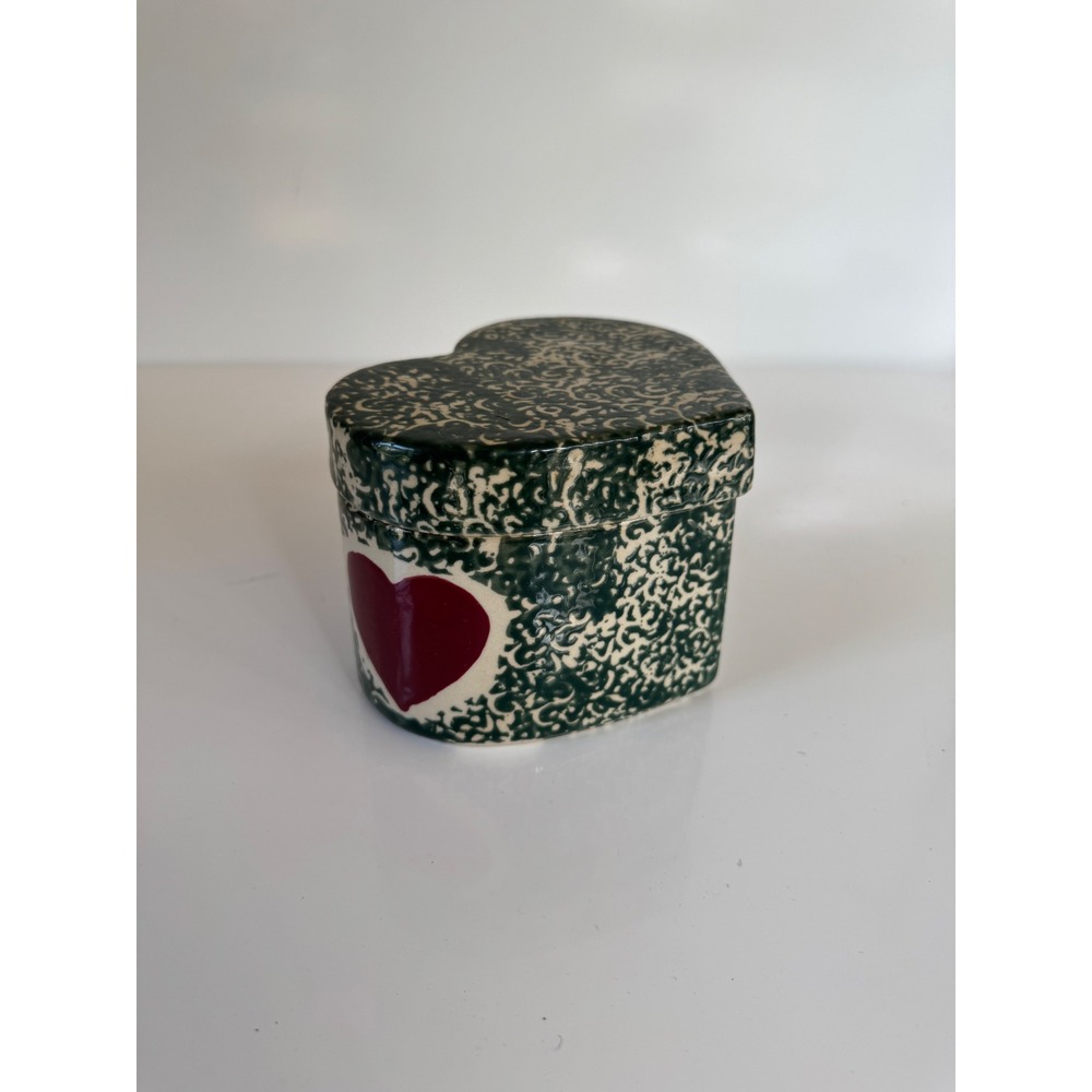 Vintage Heart Shaped Ceramic Trinket Box Green Sponge Glaze Red Hearts Lid